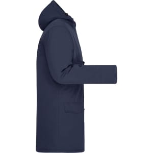 A navy blue men's business parka with a hood and side pockets, featuring a logo.