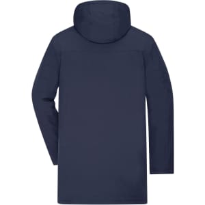 A navy blue men's business parka jacket with a hood, featuring a simple design and a logo.