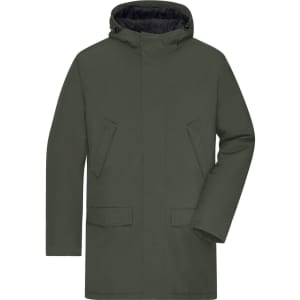 A men's business parka in dark green, featuring a hood and side pockets. Includes a logo on the sleeve.