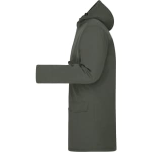 A men's business parka in olive green with a hood and side pockets. It features a logo on the front.
