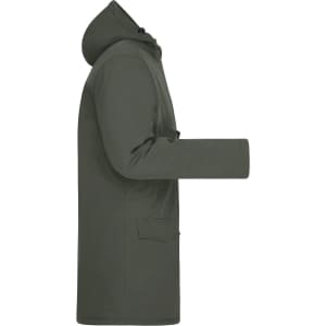 A green men's business parka featuring a hood and a side view design, with pockets and a logo.