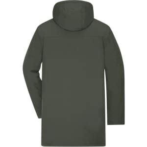 A men's business parka in olive green with a hood and long sleeves, featuring a logo on the back.
