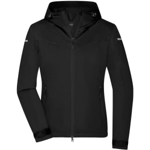 A black ladies' all-weather jacket with a hood, featuring zippered pockets and a logo.