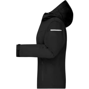 A black ladies' all-weather jacket with a hood, featuring a logo and a reflective strip on the sleeve.
