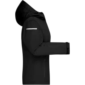 A black ladies' all-weather jacket with a hood, featuring a reflective stripe and a zippered pocket.