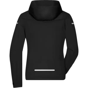 A black ladies all-weather jacket with a hood and reflective detailing on the sleeves and back.