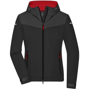 A black all-weather jacket with a red hood and accents, featuring zipped pockets and a logo.