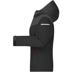 A black all-weather jacket with a hood and reflective detailing, featuring a logo on the arm.