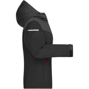 A black and grey ladies' all-weather jacket featuring a hood and a zippered pocket, with a branding logo visible.