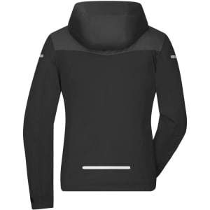 A black ladies' all-weather rain jacket featuring a hood and reflective details, with a logo on the back.