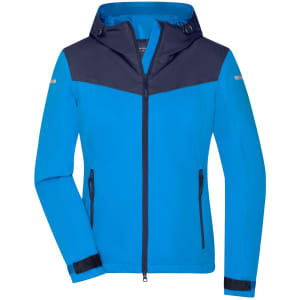 A blue and navy ladies all-weather jacket with a hood, featuring a zip closure and logo detail.