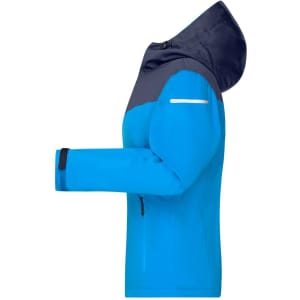 A blue all-weather jacket with a navy hood and reflective detailing, featuring a side view and a logo.