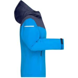 A blue and navy ladies' all-weather jacket with a hood, featuring a zip pocket and a logo.