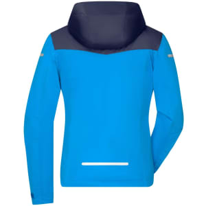A blue ladies' all-weather jacket with a navy hood and reflective details on the sleeves and back.