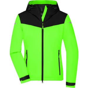 A bright green ladies all-weather jacket with a black upper section and a logo on the sleeve.