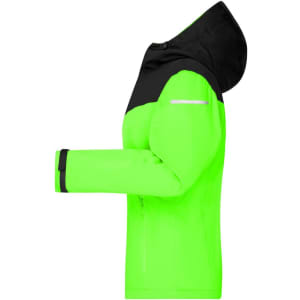 A bright green and black Ladies Allweather Jacket with a hood and zippered front, featuring a logo.