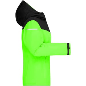 A bright green and black ladies all-weather jacket with a hood, featuring a logo and zippered pockets.