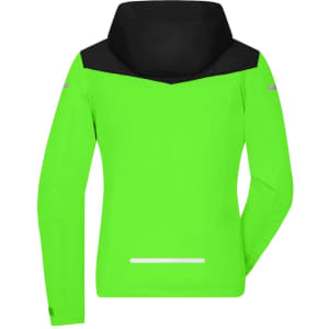 A vibrant green ladies' all-weather jacket featuring a black hood and reflective details on the back.