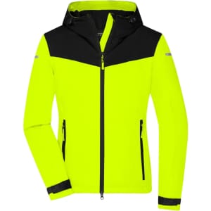 A bright yellow and black allweather jacket featuring a hood, zip-up front, and side pockets. Includes a logo.