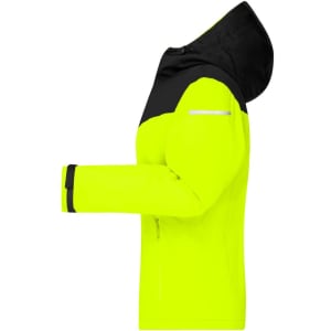 A bright yellow and black ladies allweather jacket with a hood, featuring a logo and reflective detailing.