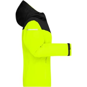 A bright yellow ladies all-weather jacket with a black upper section and a hood, featuring a logo on the sleeve.
