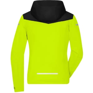 A bright yellow ladies all-weather jacket with a black hood and reflective details on the sleeves.