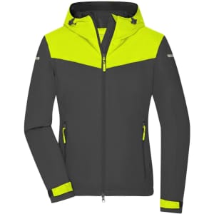 A ladies' all-weather jacket in dark grey with bright yellow accents and a hood, featuring zipped pockets and a logo.
