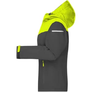 A rain jacket in grey and bright yellow with a hood, featuring a logo and reflective detailing on the sleeves.