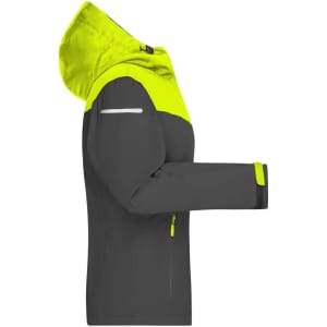 A grey and neon yellow ladies' all-weather jacket with a hood and reflective accents, featuring zip pockets.