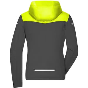 A women's all-weather jacket in dark grey with a bright yellow hood and accents, featuring reflective details.