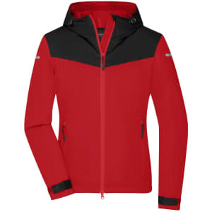A red and black ladies all-weather jacket featuring a hood and zippered pockets, with a logo on the sleeve.