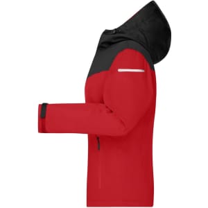 A red and black allweather jacket with a hood, featuring a zip front and adjustable cuffs. It has a logo on the sleeve.