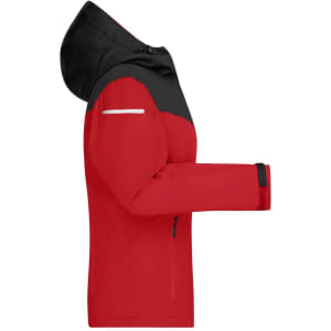 A red and black ladies allweather jacket featuring a hood and a logo on the sleeve.