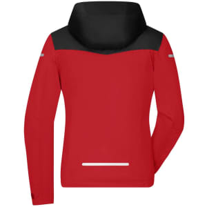 A red ladies all-weather jacket with a black hood and reflective detailing at the back. It features a logo.