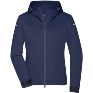 A navy blue ladies all-weather jacket featuring a hood, zippered pockets, and a logo.
