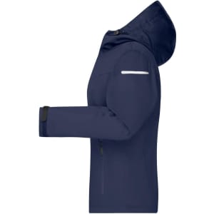 A navy all-weather jacket featuring a hood, zippered pockets, and a logo on the sleeve.