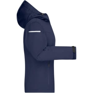 A navy blue ladies all-weather jacket with a hood, featuring a reflective stripe and zippered pockets.