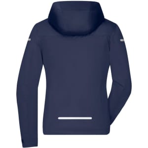 A navy ladies all-weather jacket with a hood, featuring reflective strips and a sleek design on the back.