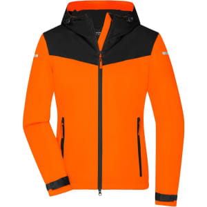 An orange and black ladies all-weather jacket with a zip front, hood, and pockets, featuring a logo.