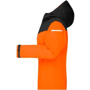 An orange and black ladies all-weather rain jacket with a hood and a logo.
