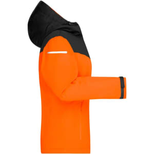 A vibrant orange ladies' all-weather jacket with a black hood and reflective detailing. Features a logo on the sleeve.