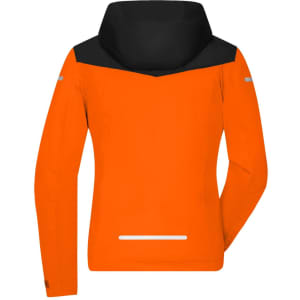 A vibrant orange ladies all-weather jacket with a black hood and reflective detailing. Features a logo on the sleeve.