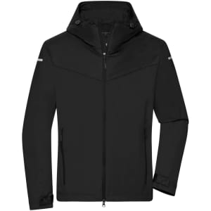 A black men's all-weather jacket with a hood, featuring a zip front and a logo on the sleeve.
