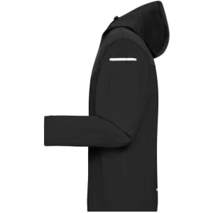 A black men's all-weather jacket with a hood, featuring long sleeves and a logo.