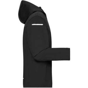 A black men's all-weather jacket with a hood and reflective detailing, featuring a side view and long sleeves.