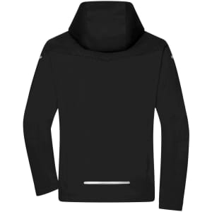 A black all-weather jacket featuring a hood and a reflective section at the back. It has a logo on it.