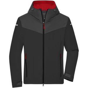 A men's all-weather jacket in grey and black, featuring a red interior, zippered pockets, and a hood.