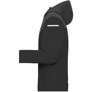 A black men's all-weather jacket with a hood, featuring long sleeves and a logo on the side.