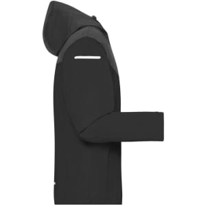 A black men's all-weather jacket featuring a hood and reflective detailing, showcasing a sleek, modern design.