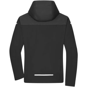 A men's all-weather jacket in black, featuring a hood and a minimalist design with reflective details.